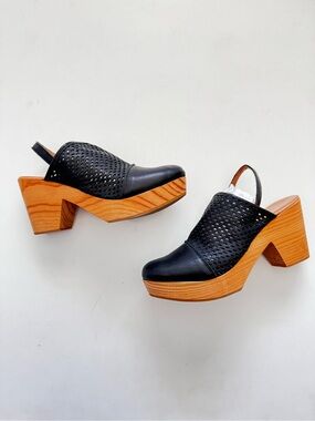 Free People Logan Black Leather Perforated Slingback Clog Wooden Heels size 37